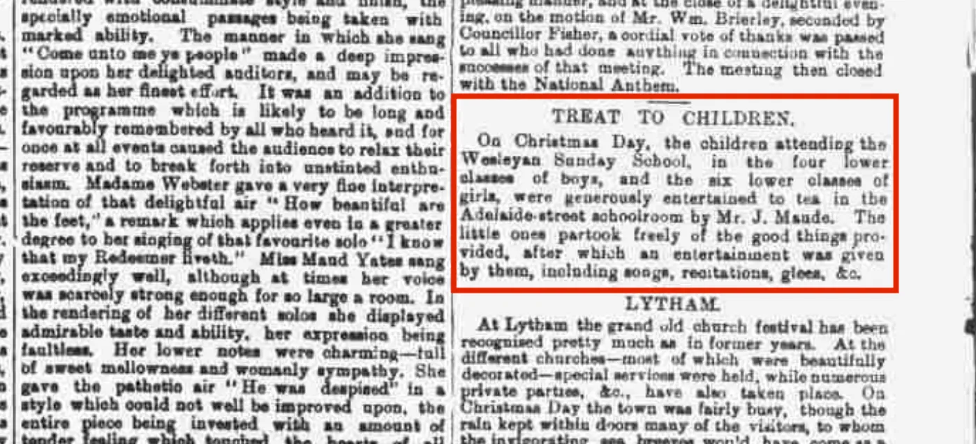 1888 newspaper cutting about Christmas tea for Sunday school children at Adelaide Street