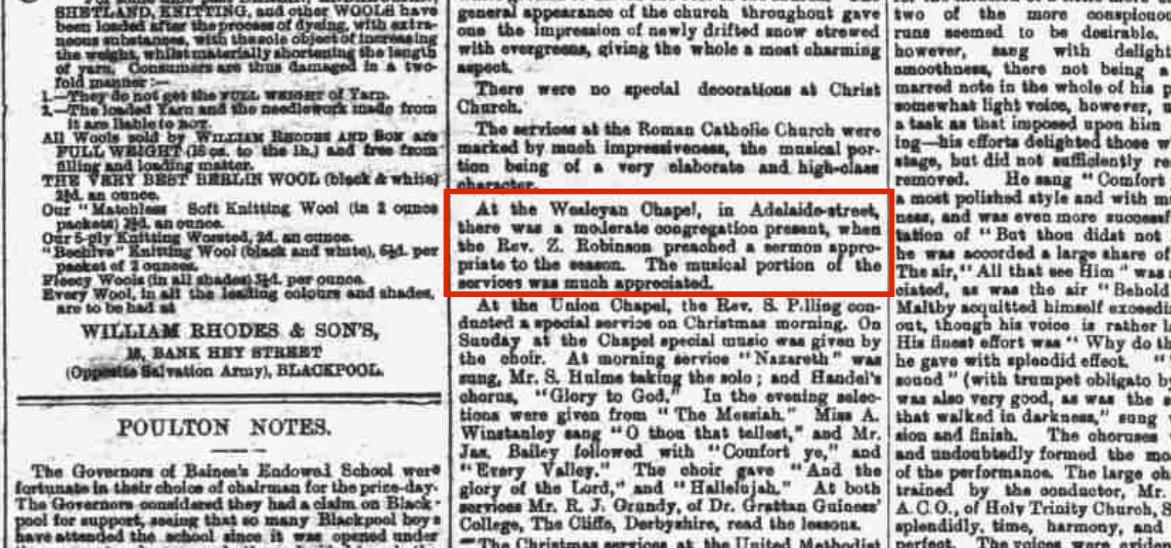 1888 newspaper cutting about a service at Adelaide Street Methodist Church