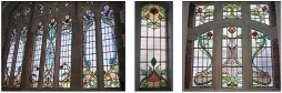 Three different stained glass windows, with geometric and floral designs