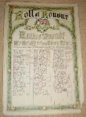 Large, unframed, decorated sheet of paper listing the details of Raikes Parade members who served in the First World War