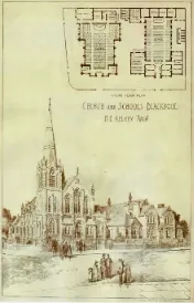 Sketch of a church with a spire on the corner of a road, people are in the foregorund having emerged from the church