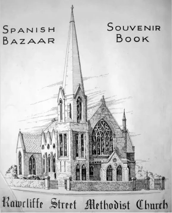 cover of a Spanish Bazaar souvenir book for Rawcliffe Street Methodist Church featuring a line drawing of the church