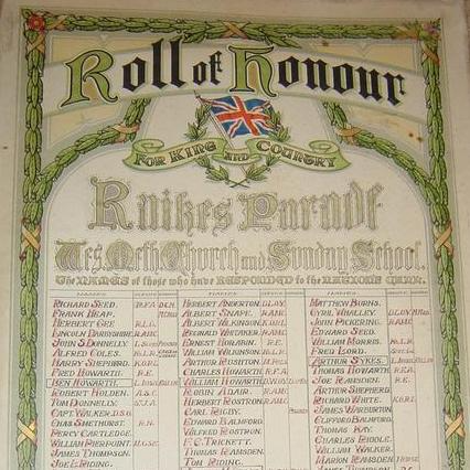 Unframed, illuminated First World War Roll of Honour for Raikes Parade Methodist Church