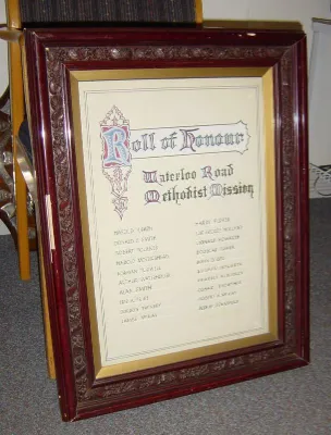 Framed roll of honour for Waterloo Road Methodist Mission