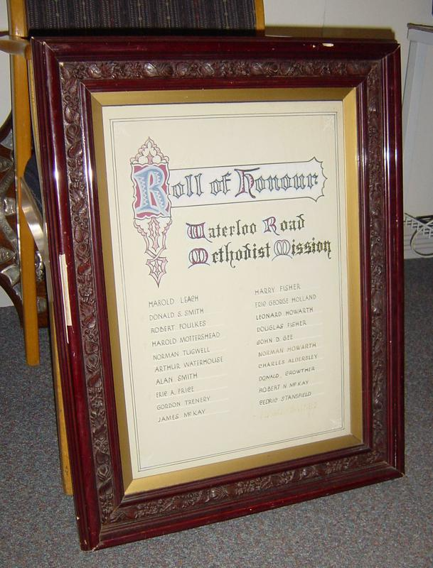 Framed roll of honour for Waterloo Road Methodist Mission